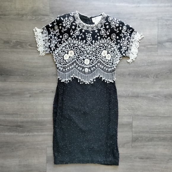 Vintage 1980's Black Tie Oleg Cassini Size 4 Heavily Beaded Sequined Silk Dress - Picture 1 of 16